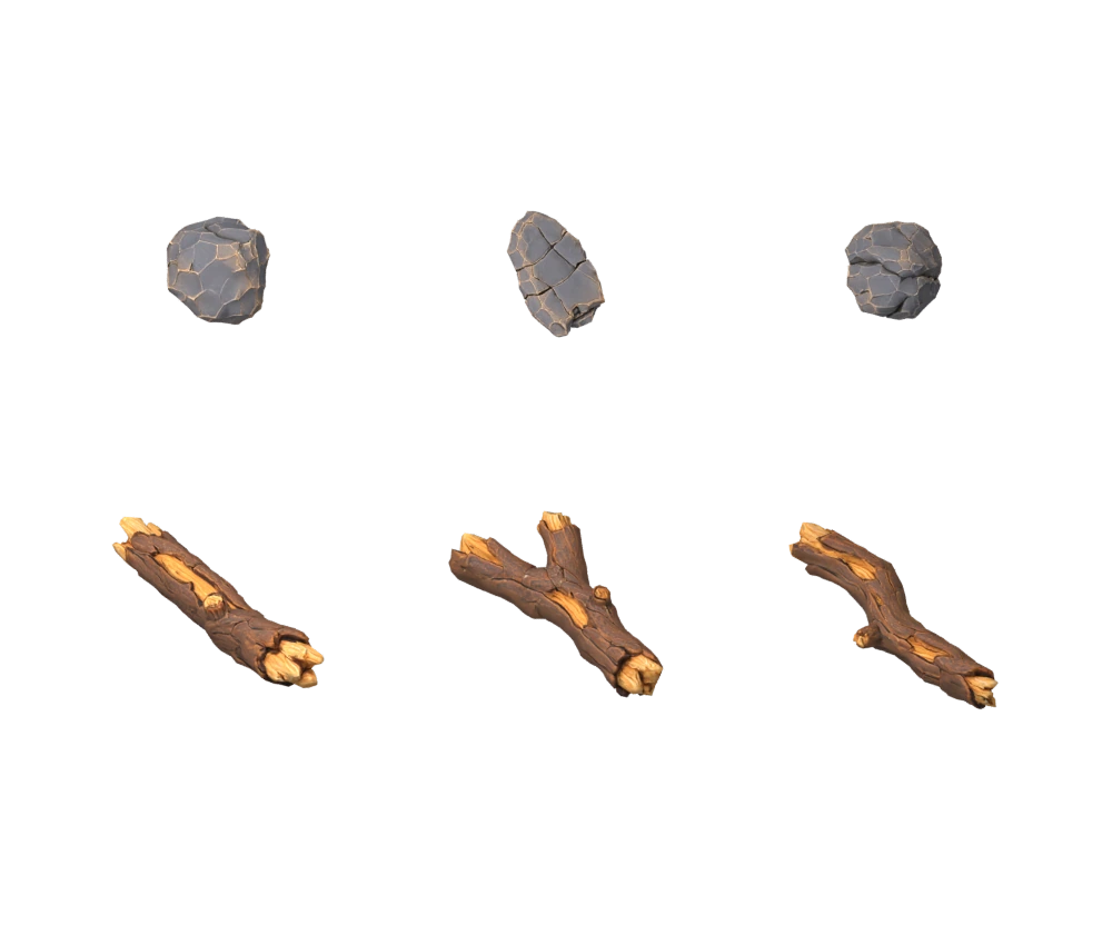 Actual 3D asset render: the six prepared starting resources.