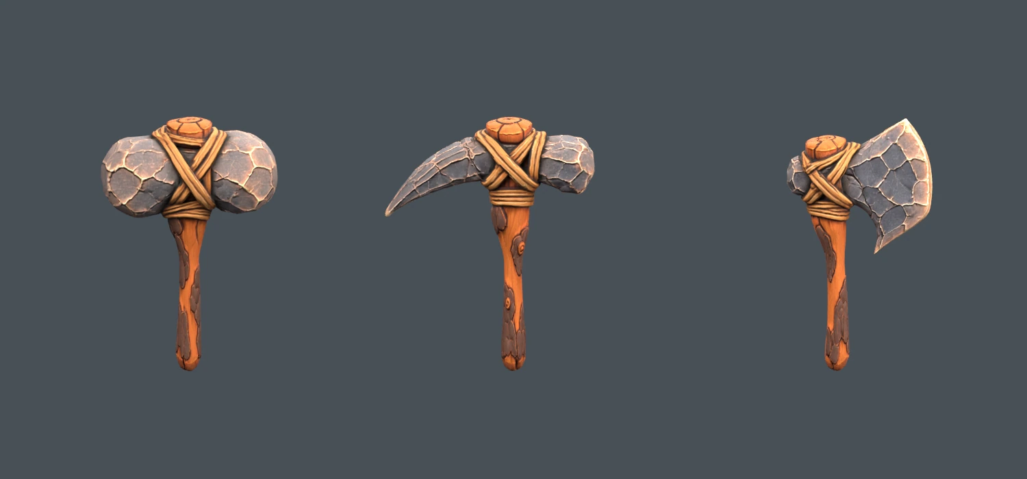 Actual 3D asset render: the stone hammer, pickaxe and axe.