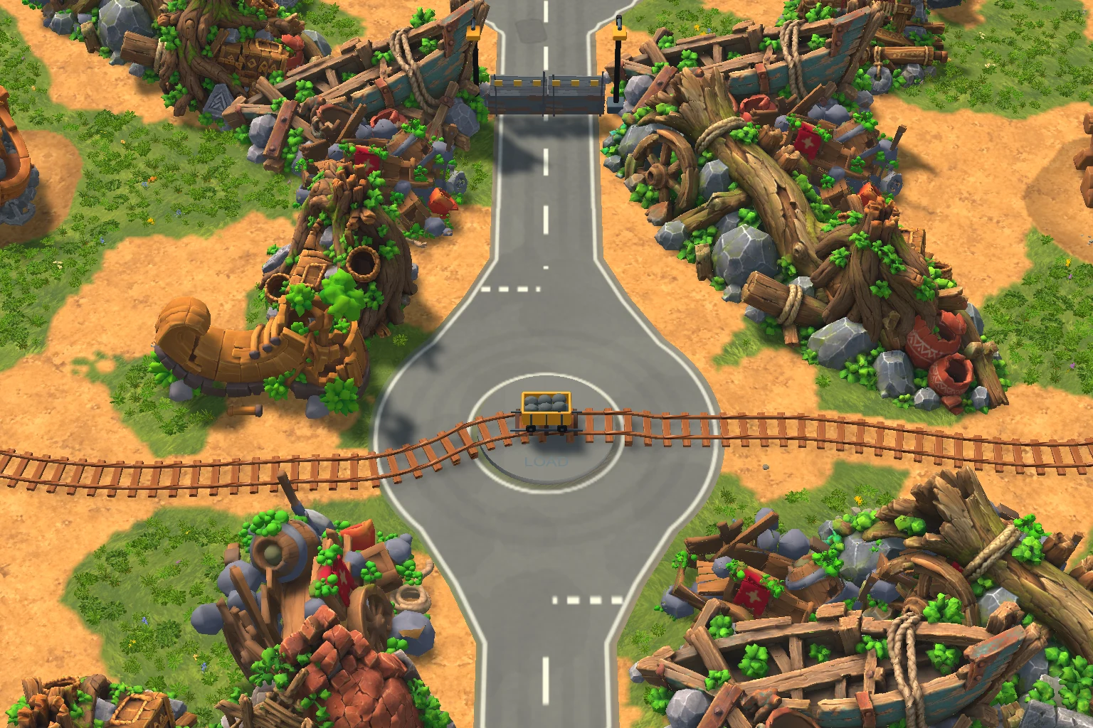Road and branching rail routes through the salvage yard