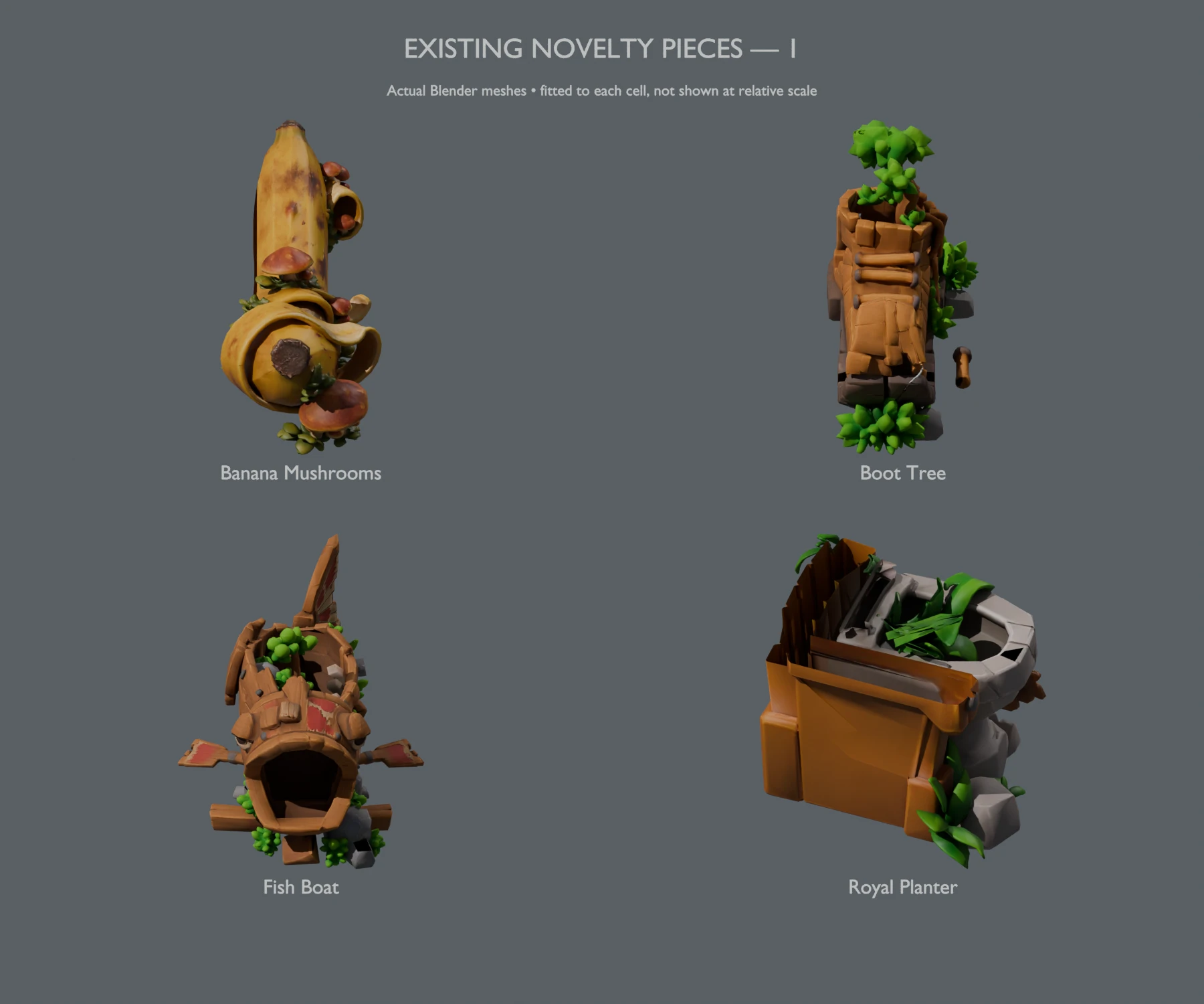 banana mushrooms · boot tree · fish boat · royal planter