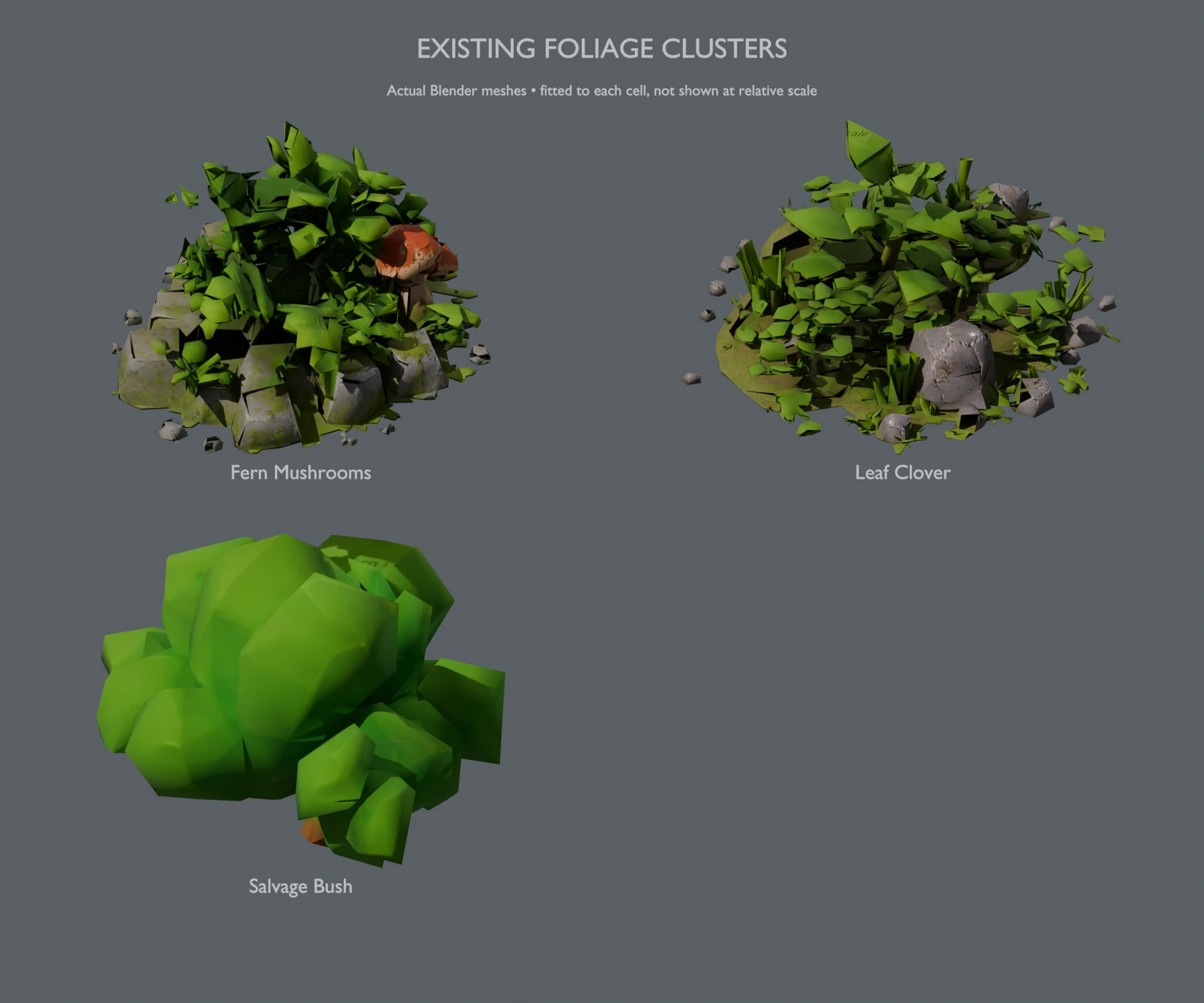 fern mushrooms · leaf clover · salvage bush