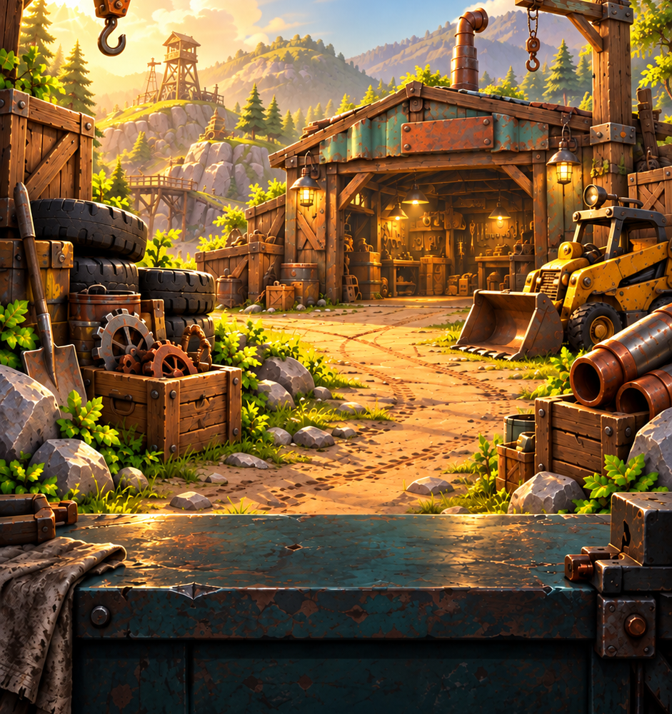 Original yard illustration: a warm, richly coloured salvage yard and workshop.